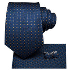 Men's blue tie collection with patterned design and matching cufflinks