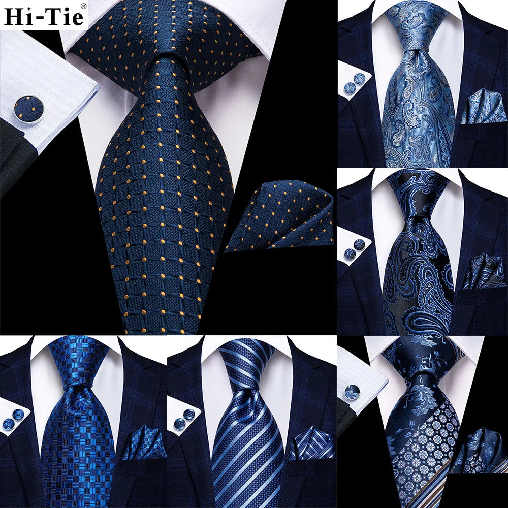 Men's blue tie collection in various patterns and textures for formal occasions