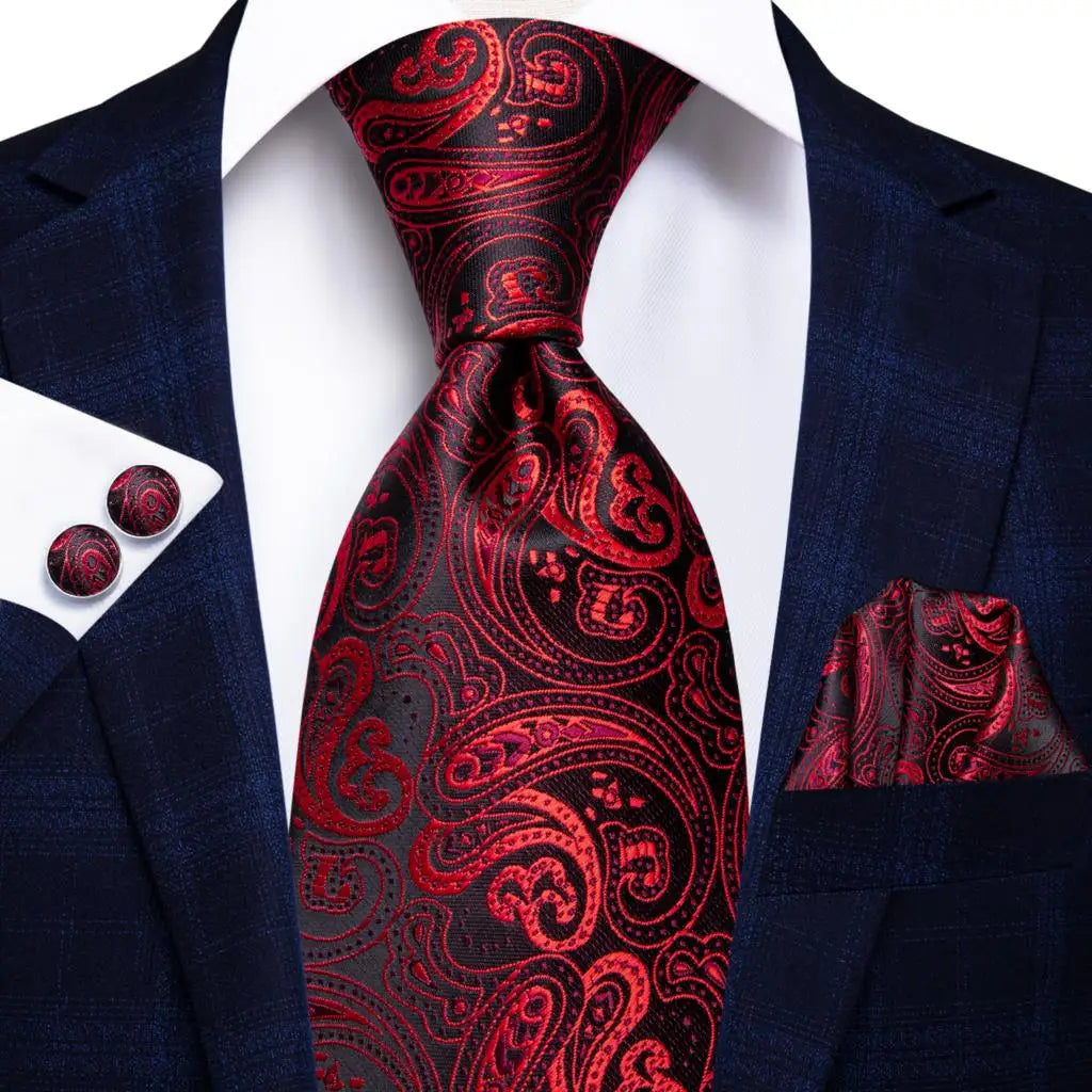 Men's red paisley tie and pocket square set, formal wear