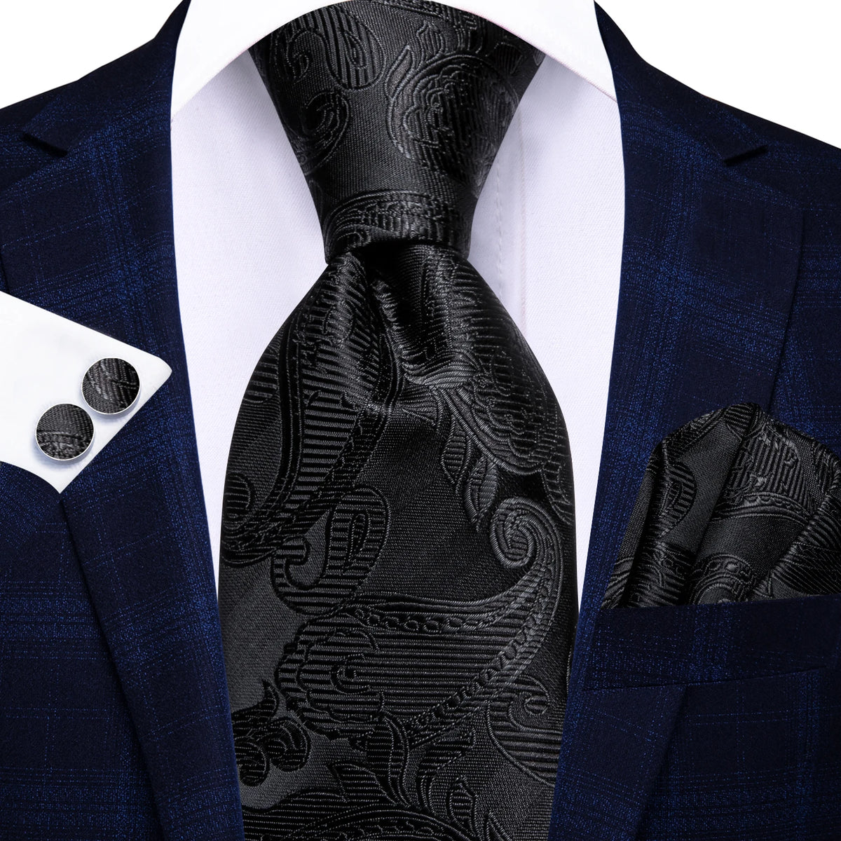 Men's black silk tie with intricate pattern, perfect for formal wear on special occasions