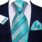 Men's striped tie in teal and blue, perfect for formal occasions, how to tie mens tie