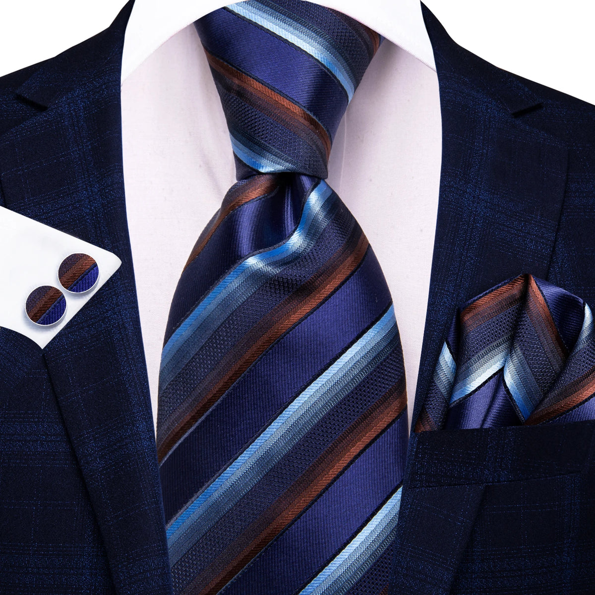 Stylish men's tie in navy blue and brown stripes, ideal for learning how to tie mens tie