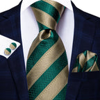 Men's green and gold striped tie, perfect for learning how to tie mens tie