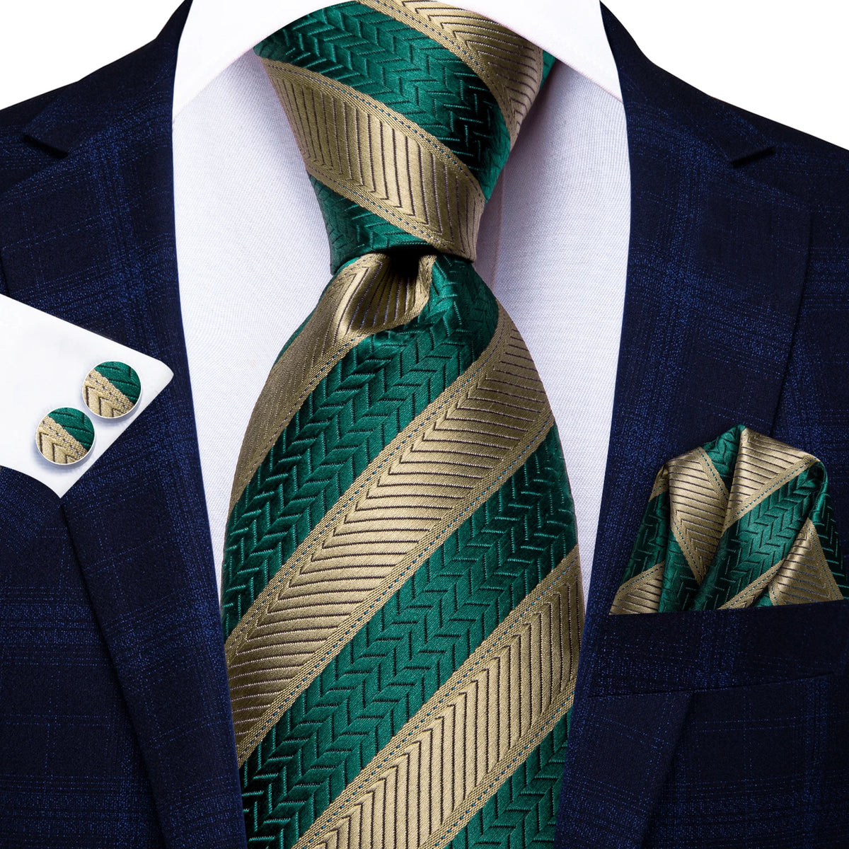 Men's green and gold striped tie, perfect for learning how to tie mens tie