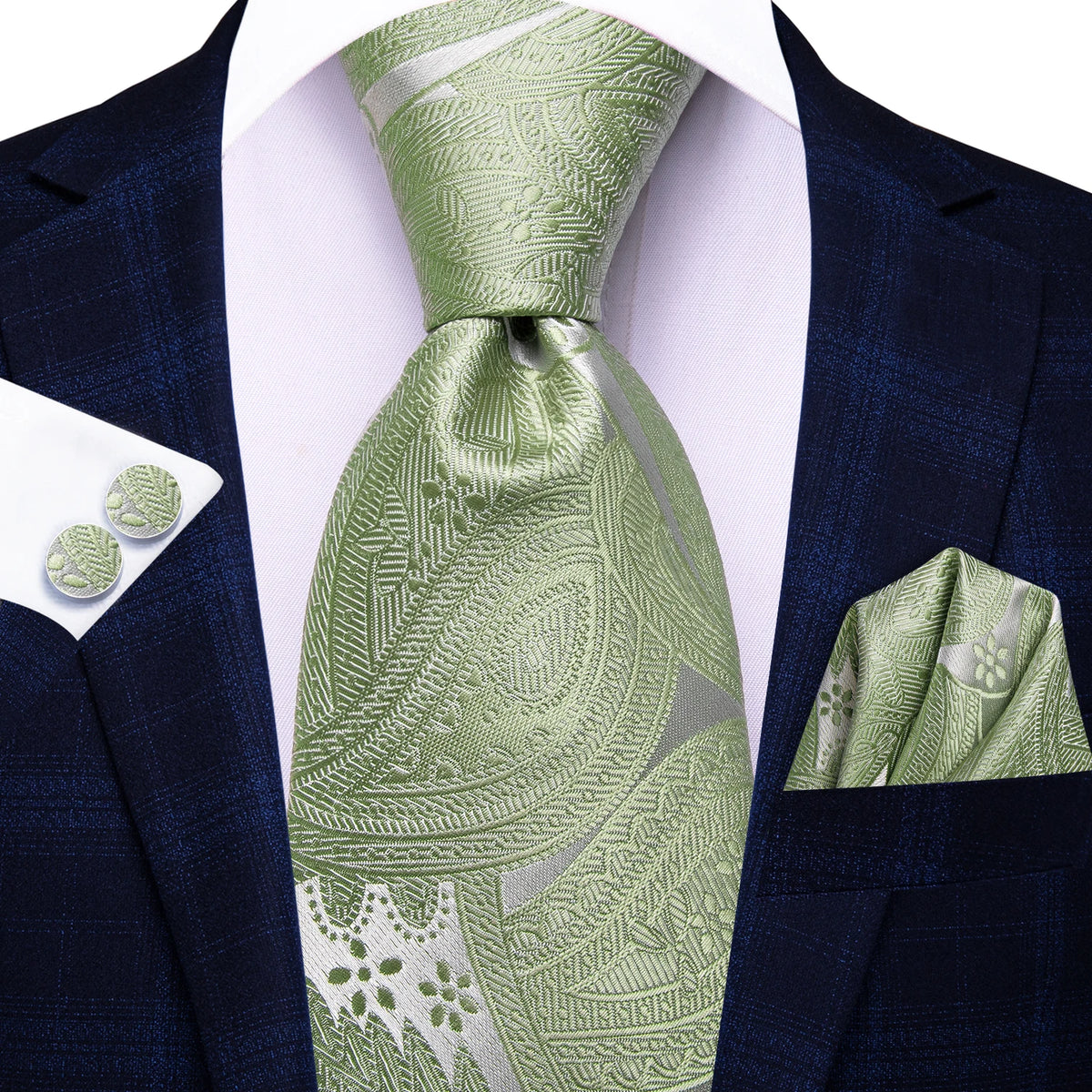 Green patterned men's tie set, perfect for formal occasions, demonstrating how to tie mens tie