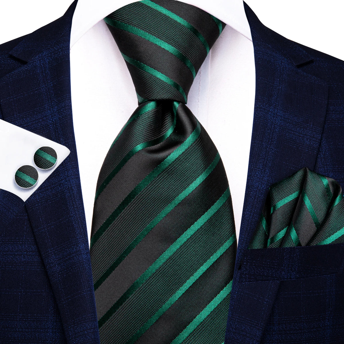 Men's black and green striped tie, perfect for formal occasions, how to tie mens tie