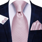 Men's pink silk tie with matching pocket square for formal occasions