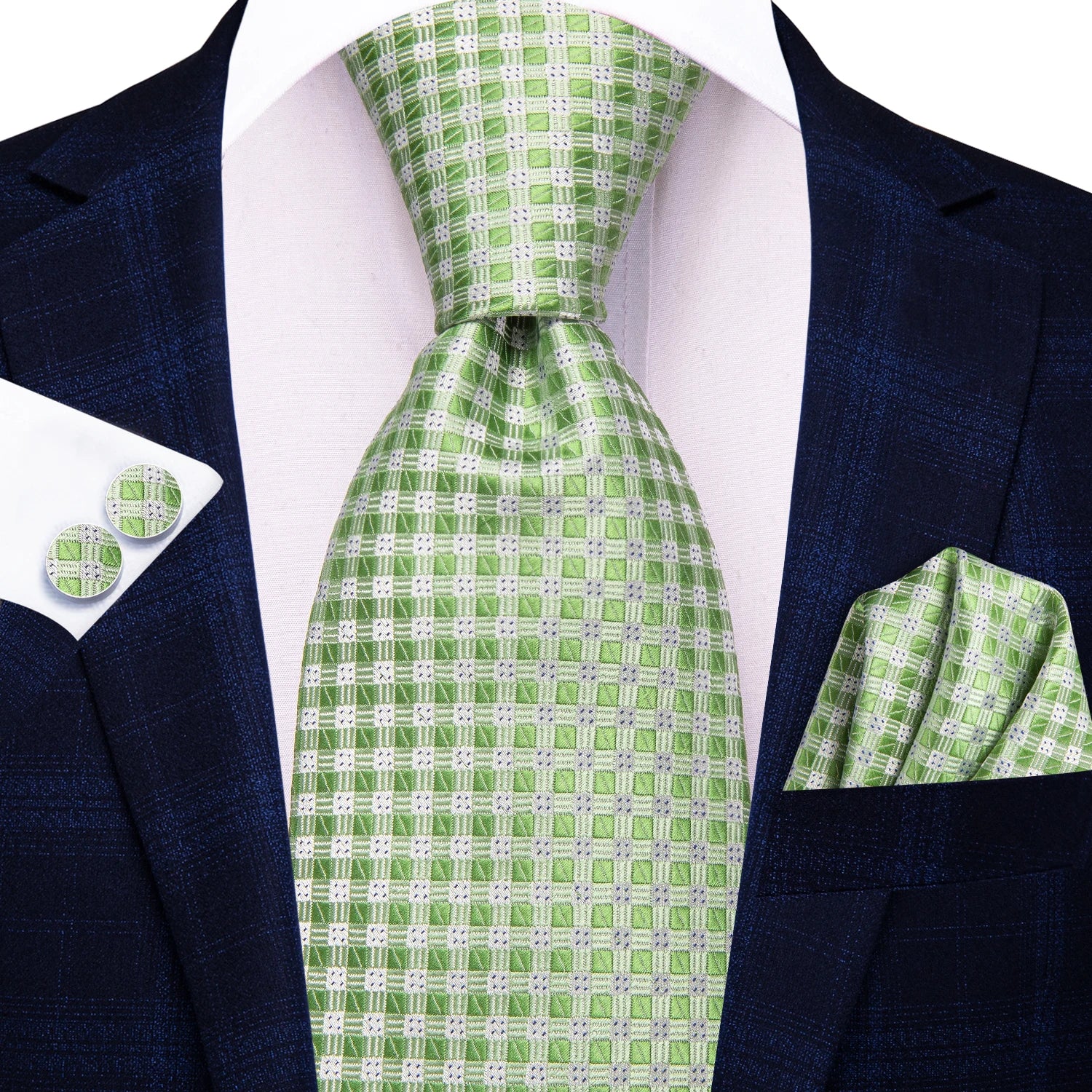 Green patterned necktie, silk material, how to tie guide included