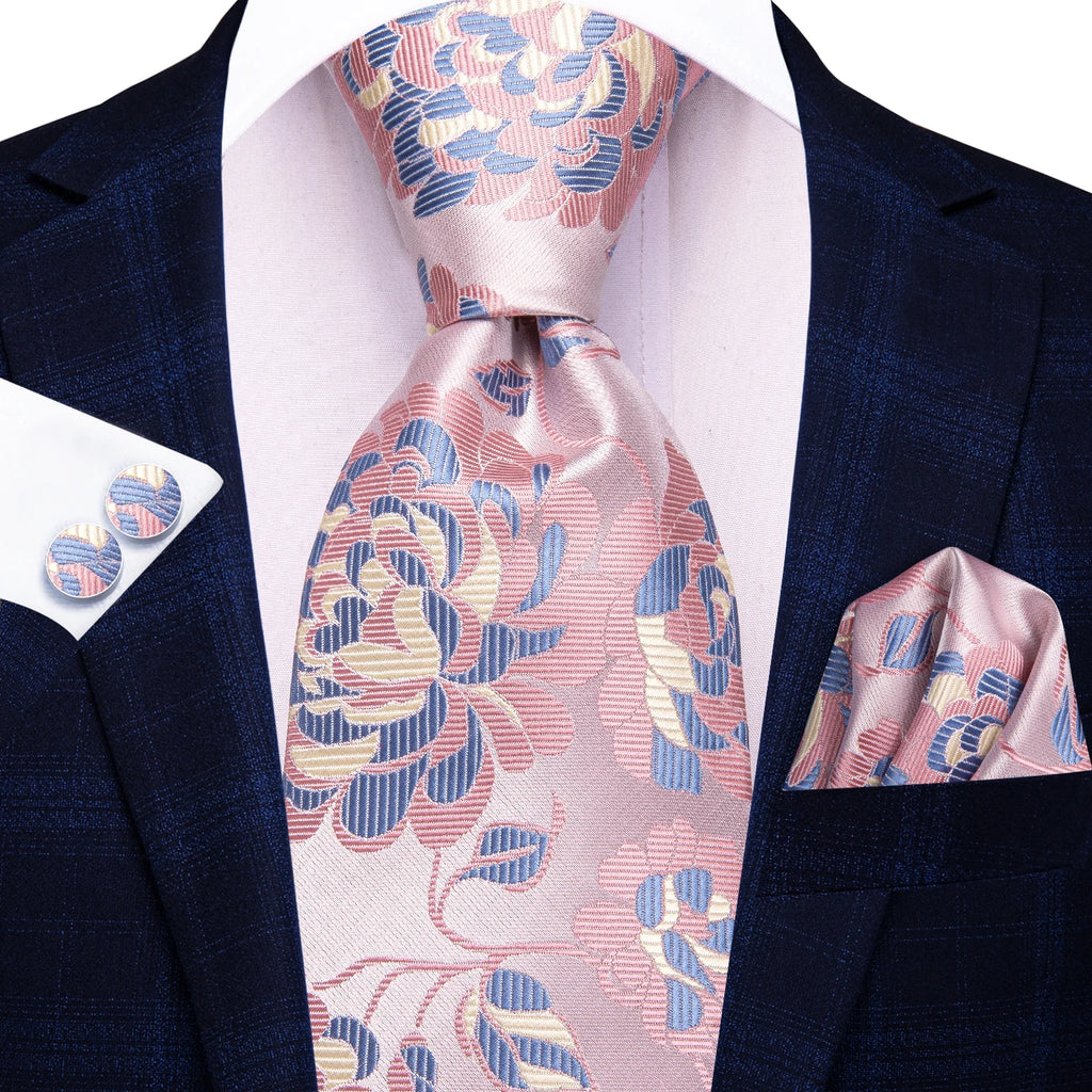 Pink floral necktie with matching pocket square, ideal for formal occasions, necktie how to tie