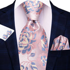 Pink floral necktie with matching pocket square, ideal for formal occasions, necktie how to tie