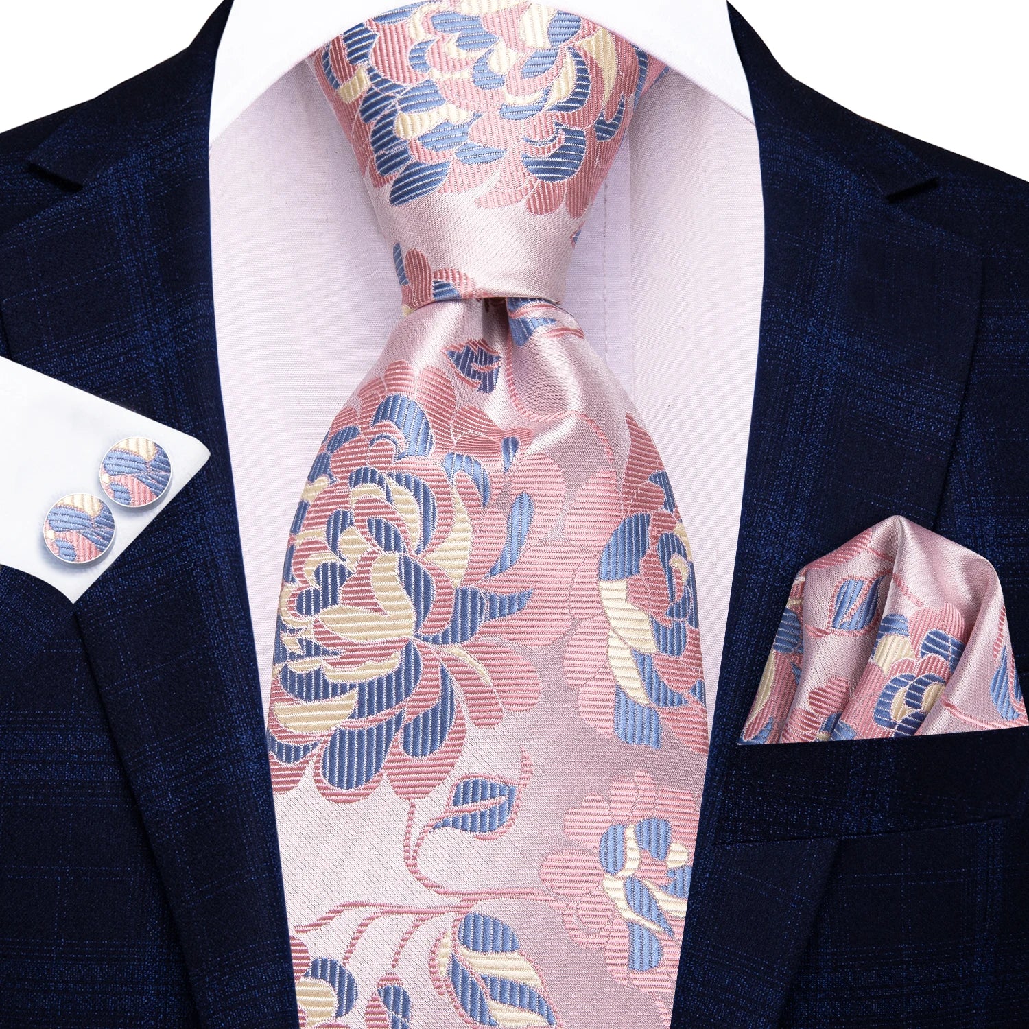 Pink floral necktie with matching pocket square, ideal for formal occasions, necktie how to tie