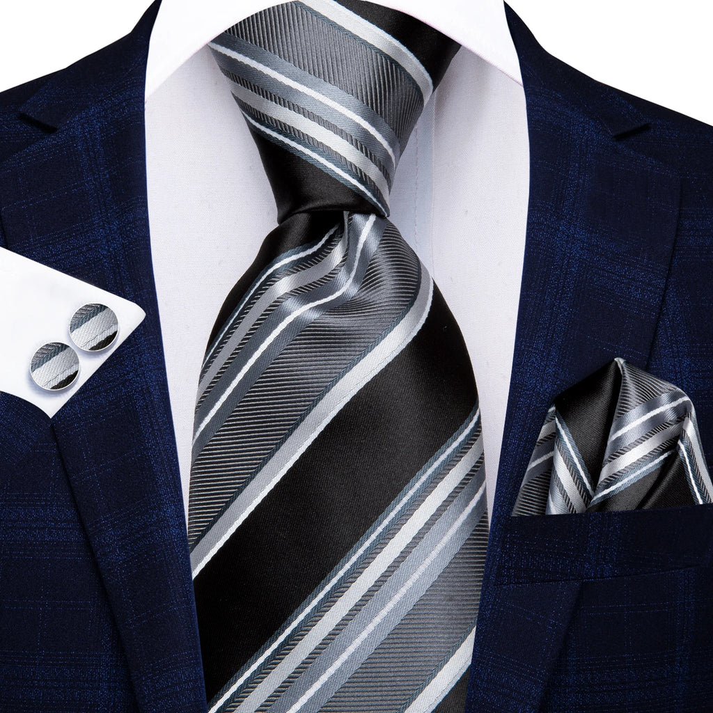 Men's black and silver striped necktie for formal occasions, necktie how to tie