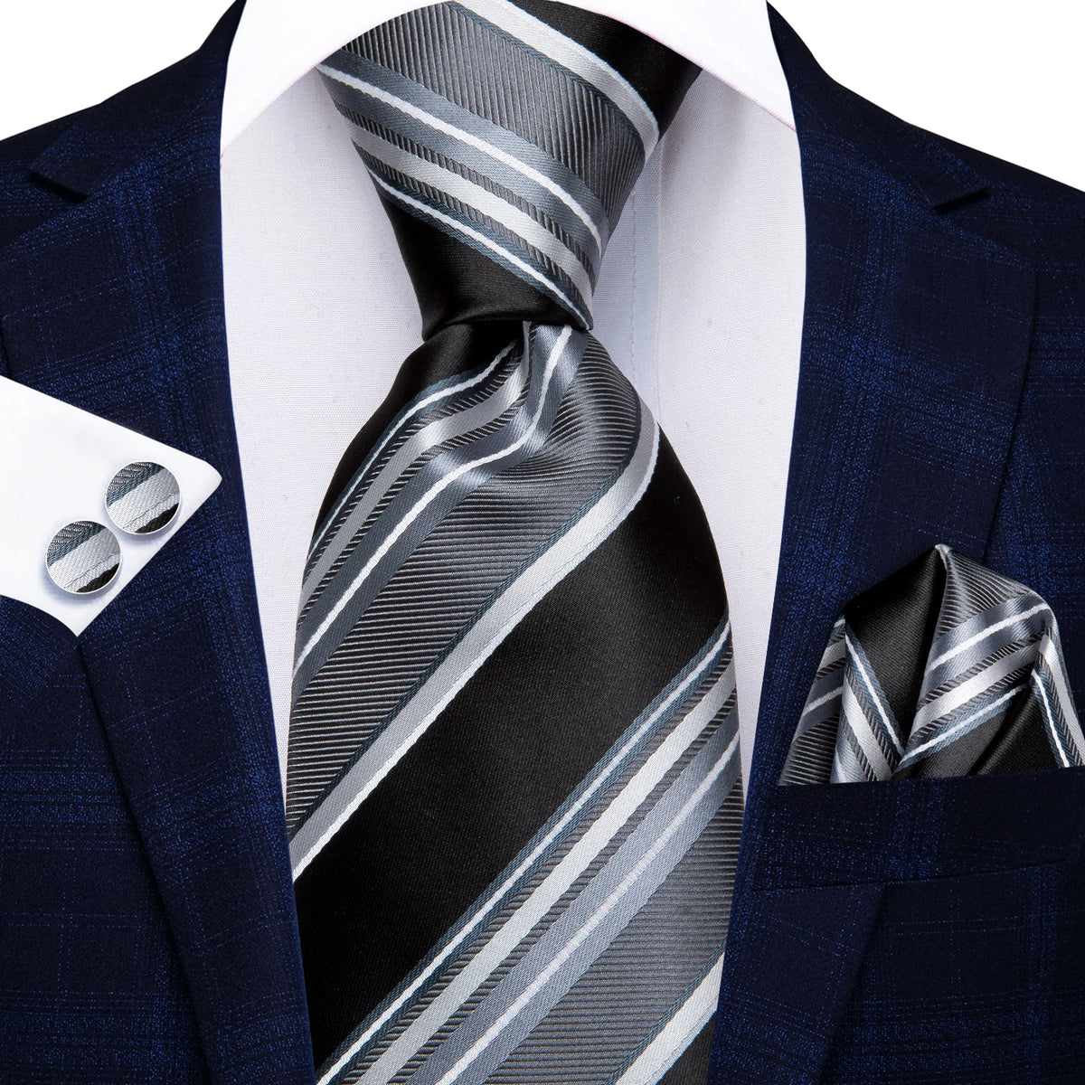Men's black and silver striped necktie for formal occasions, necktie how to tie