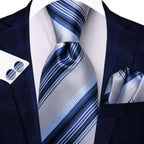 Blue striped necktie with matching pocket square, perfect for formal events