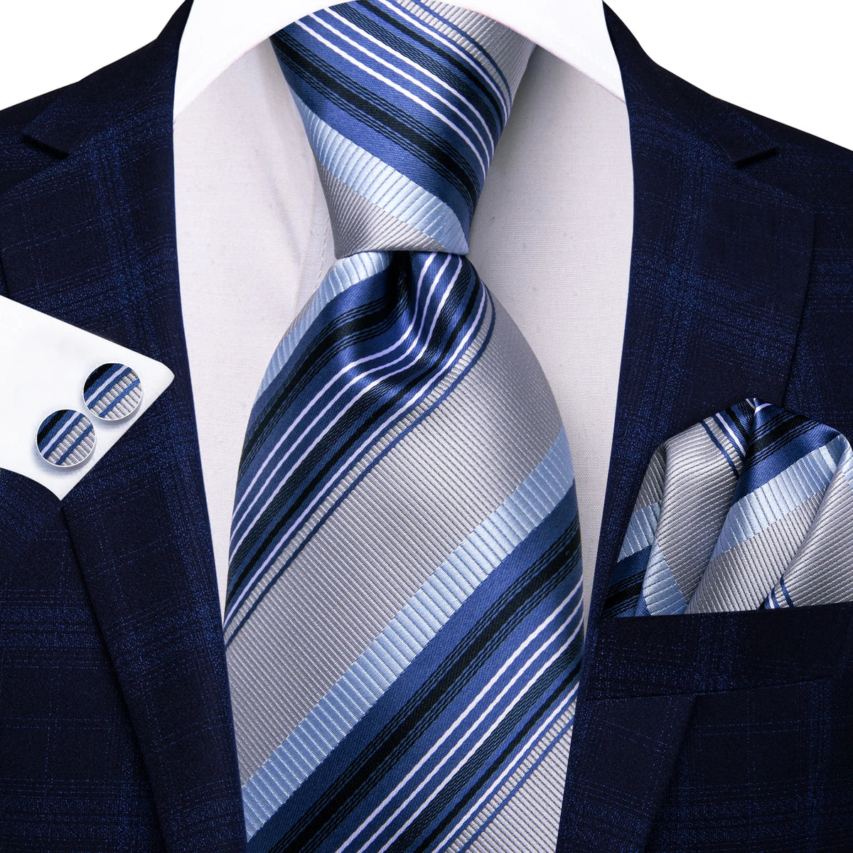 Blue striped necktie with matching pocket square, perfect for formal events