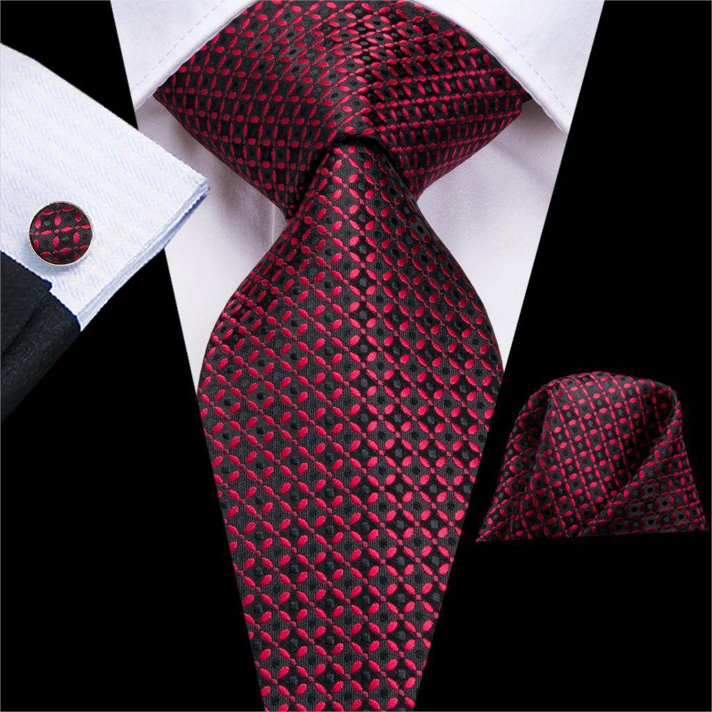 VacationGrabs striped silk necktie in red and black with matching pocket square for formal occasions