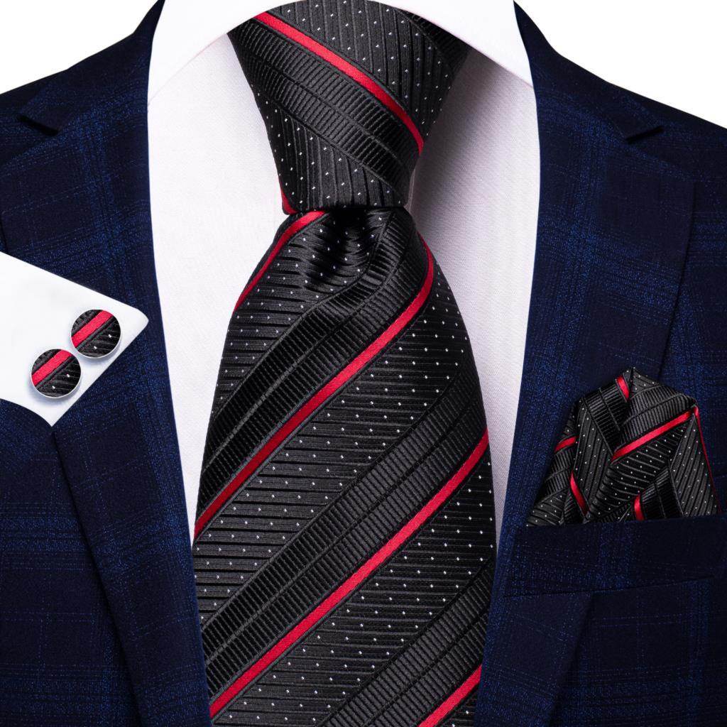 VacationGrabs striped silk necktie in black with red accents, paired with matching cufflinks and pocket square