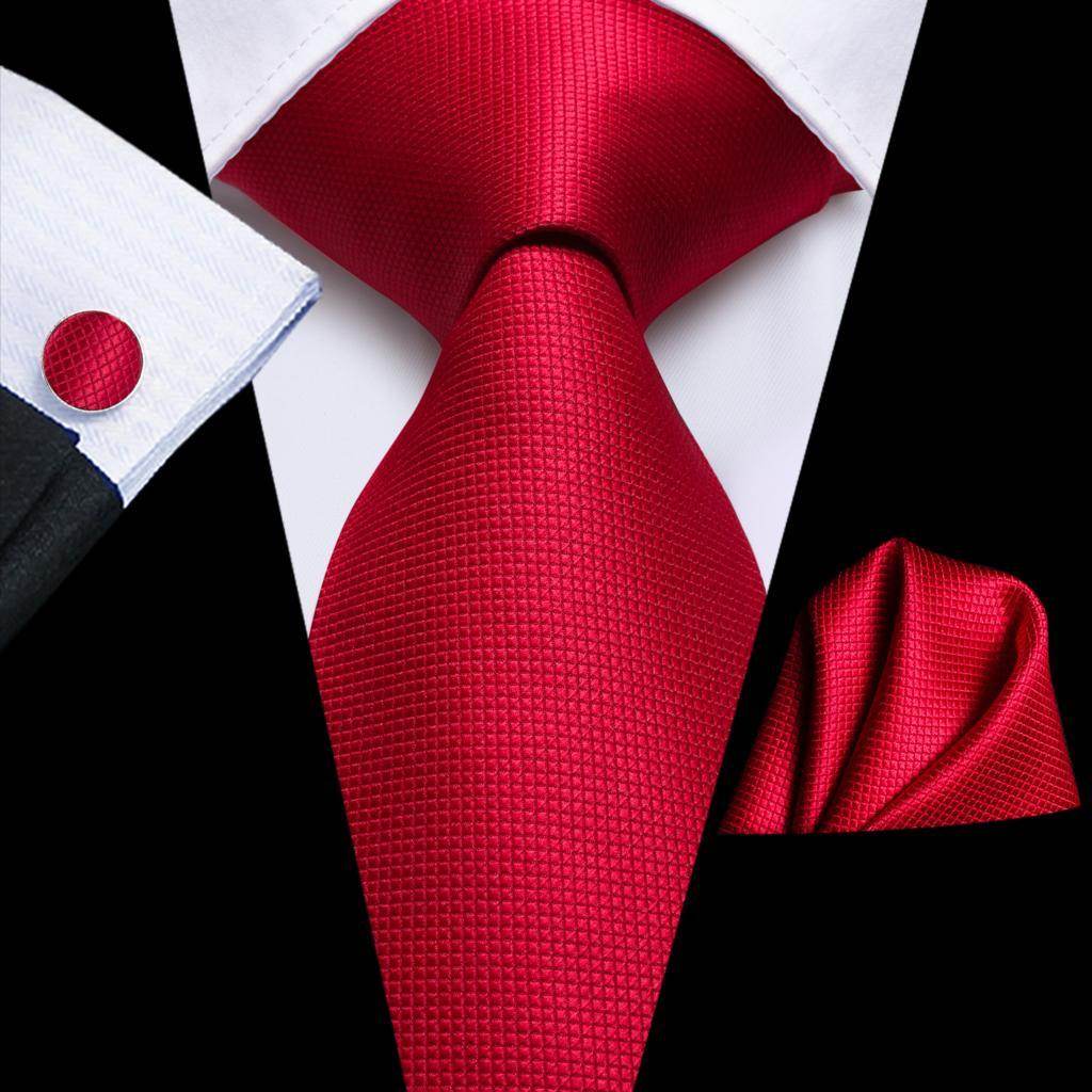 VacationGrabs striped silk necktie in vibrant red with matching pocket square and cufflinks