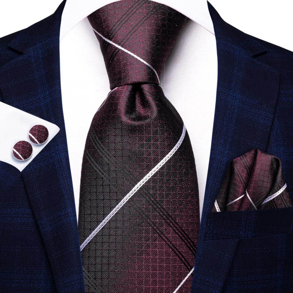 VacationGrabs Striped Silk Necktie in Purple and Silver with Matching Pocket Square for Men