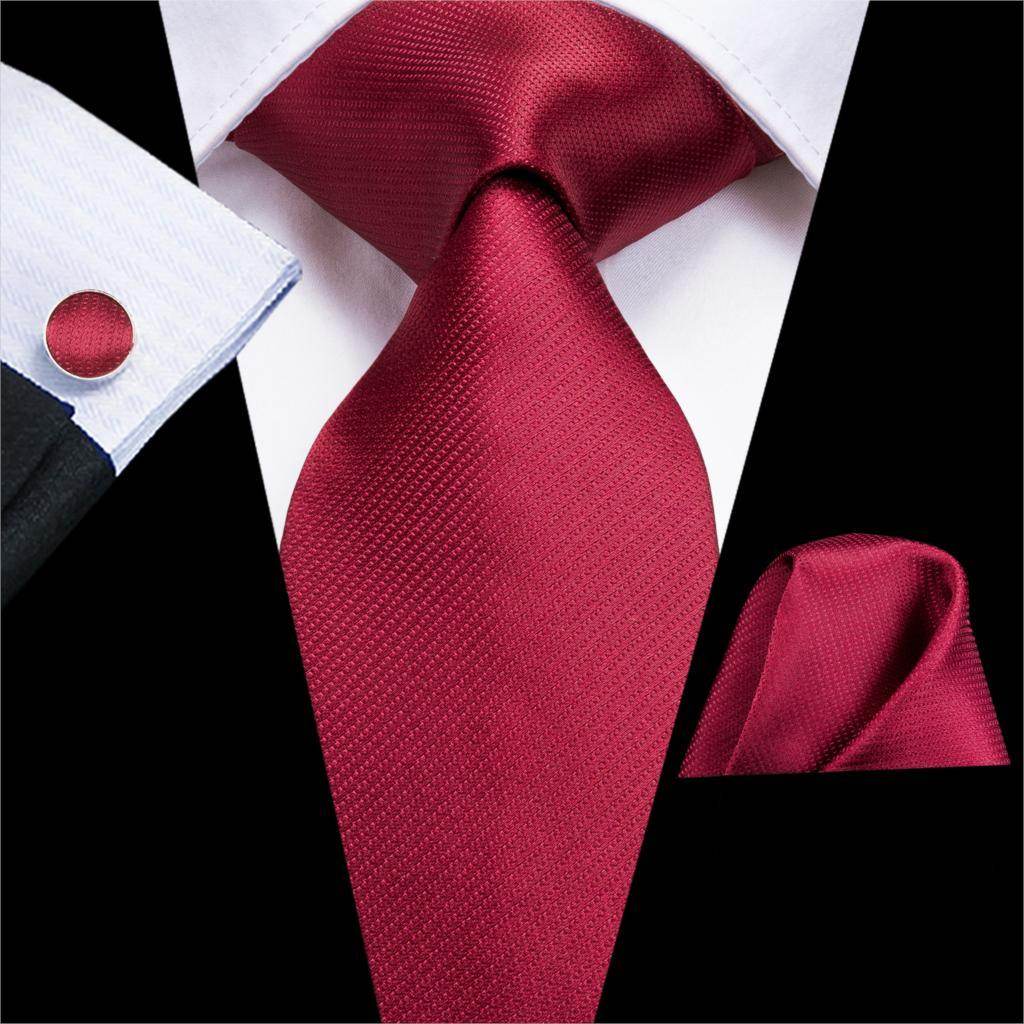 VacationGrabs Men's Accessory featuring a striped silk necktie in deep red, styled with a matching pocket square