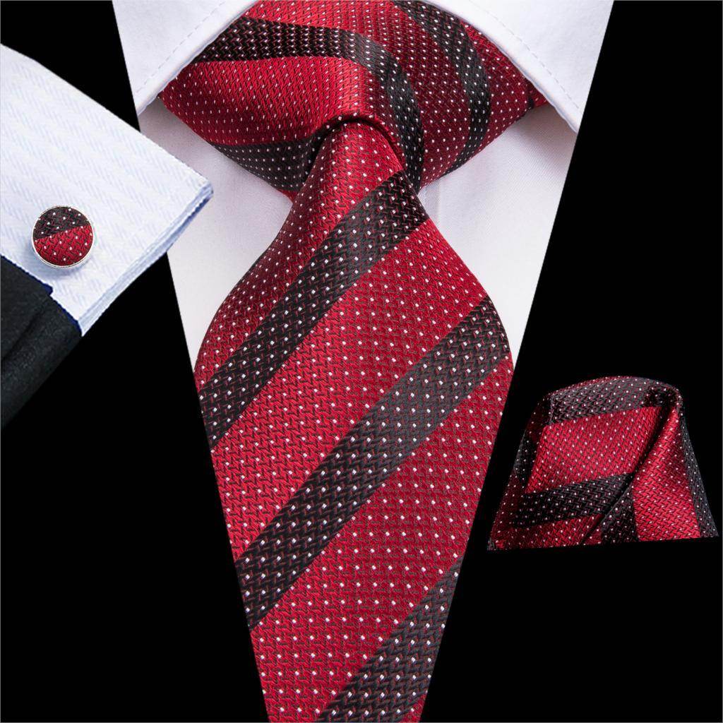 Red and black striped silk necktie with matching pocket square for stylish men's accessories