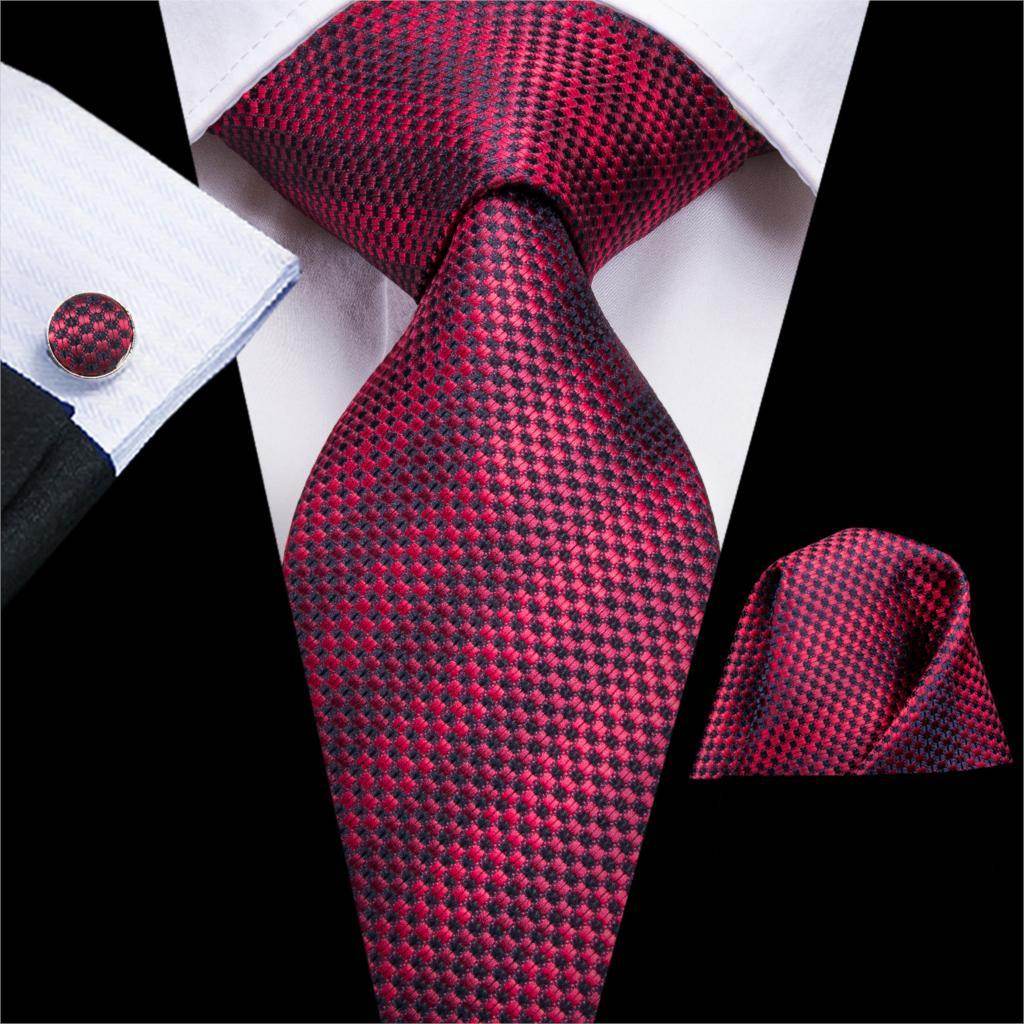 VacationGrabs striped silk necktie in black and red with matching pocket square for men's formal wear