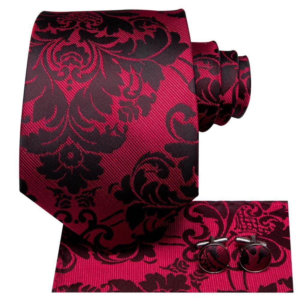 Elegant red and black striped silk necktie with matching cufflinks for stylish men