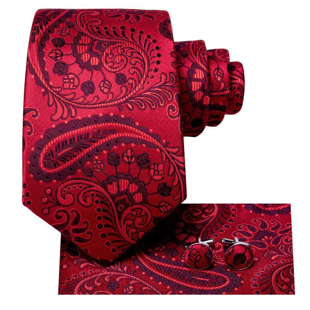 Rich burgundy paisley patterned men's tie with matching pocket square and cufflinks from VacationGrabs