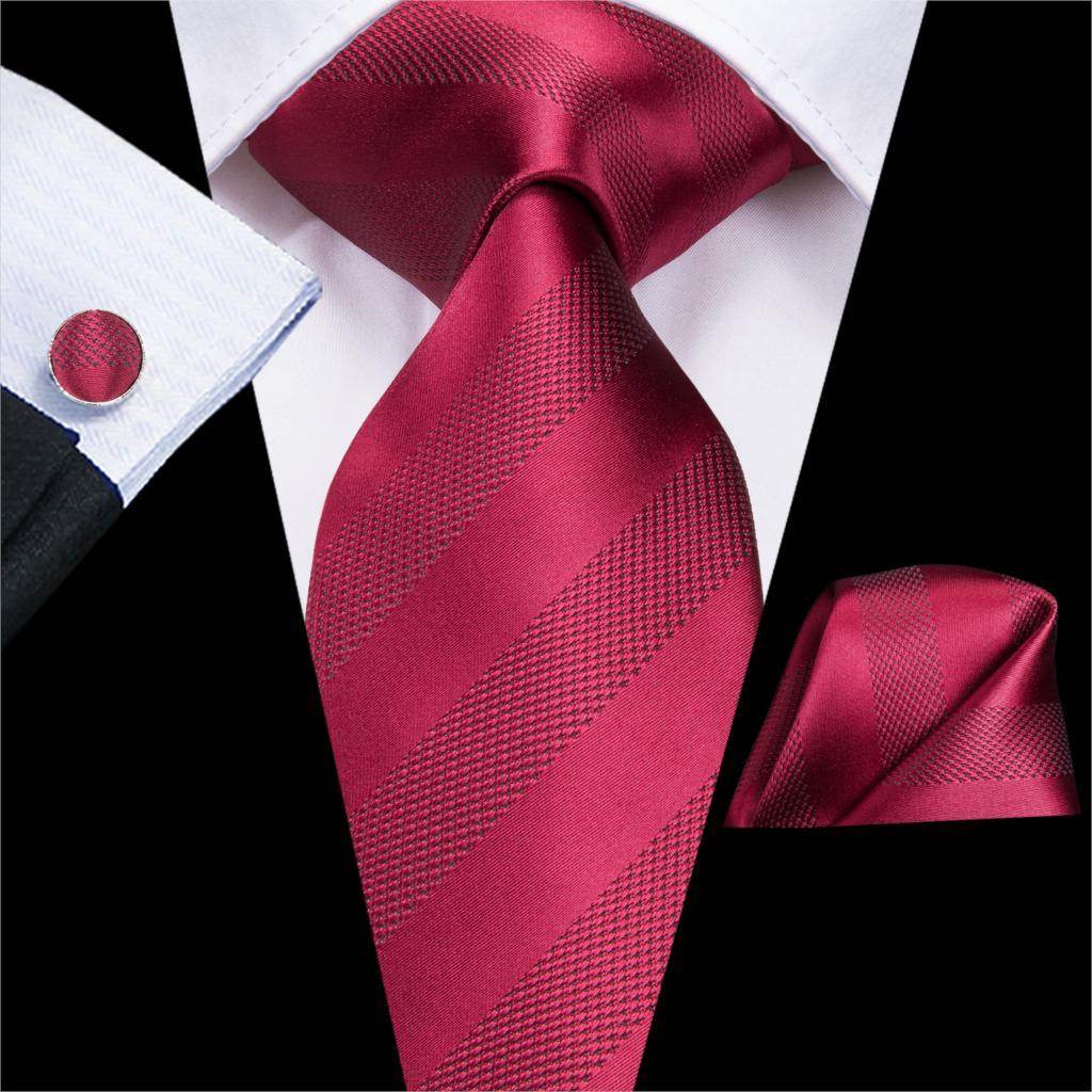 VacationGrabs striped silk necktie in burgundy with matching pocket square for formal occasions