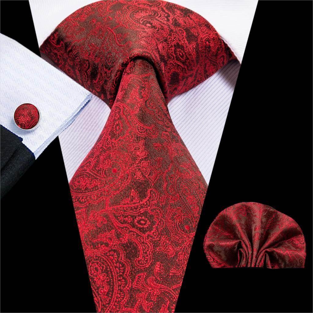 Elegant red paisley design striped silk necktie paired with matching pocket square for formal occasions