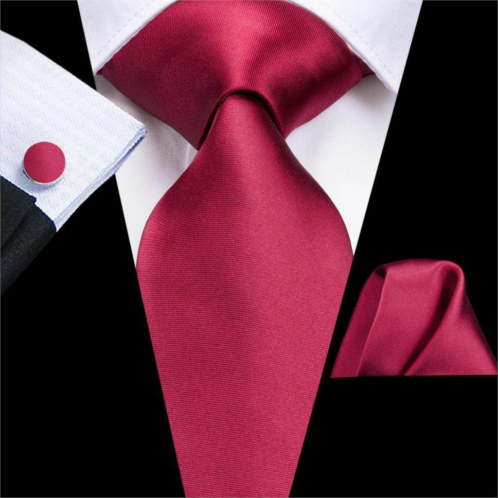 VacationGrabs striped silk necktie in burgundy paired with a matching pocket square and shirt cuffs
