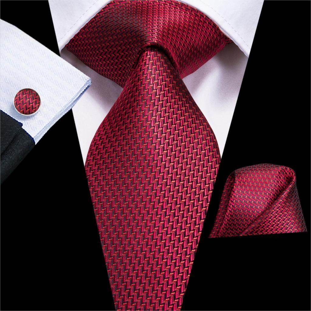 VacationGrabs striped silk necktie in deep red with a matching pocket square for formal occasions