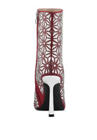 Stylish high ankle designer boots for women in red and white with intricate lace pattern and high heel