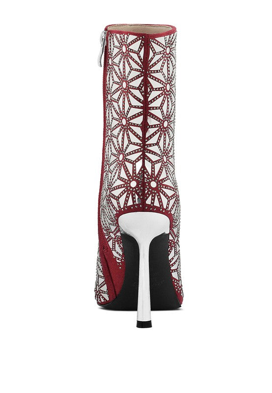 Stylish high ankle designer boots for women in red and white with intricate lace pattern and high heel