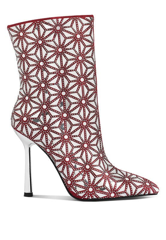 Stylish Rag Company high ankle designer boots for women with a floral lace design and stiletto heel