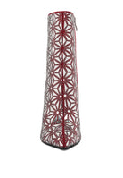 Elegant red high ankle designer boots for women featuring intricate lace-like cutouts and a sleek silhouette
