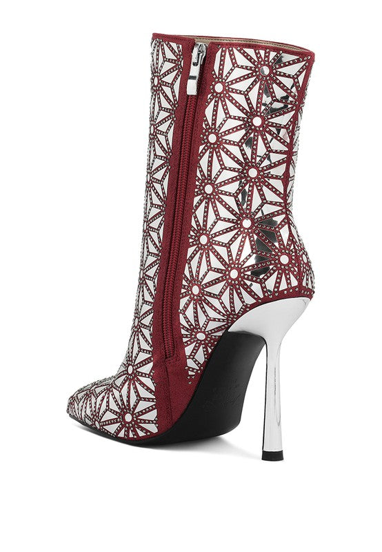 Rag Company high ankle designer boots for women in burgundy with a stylish cutout design and silver heels