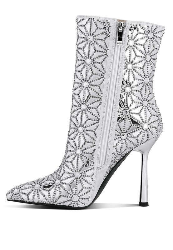 Rag Company high ankle designer boots for women featuring silver embellishments and a sleek stiletto heel
