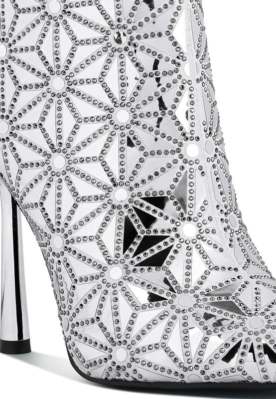 Stylish high ankle designer boots for women featuring a floral pattern and high heels