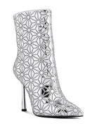 Elegant high ankle designer boots for women featuring a stunning rhinestone pattern and sleek stiletto heel