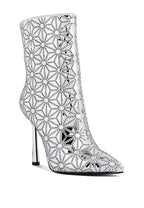 Elegant high ankle designer boots for women featuring a stunning rhinestone pattern and sleek stiletto heel