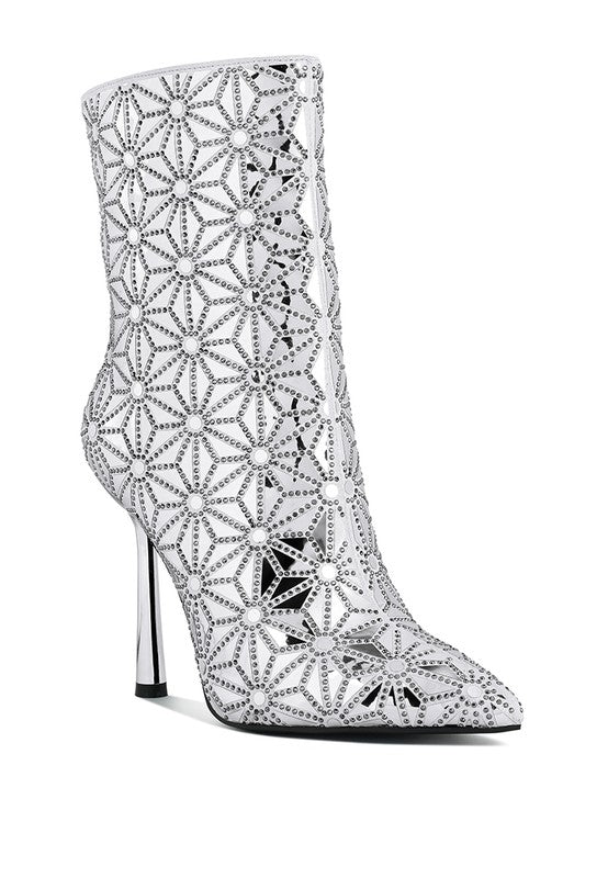 Elegant high ankle designer boots for women featuring a stunning rhinestone pattern and sleek stiletto heel
