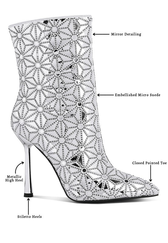 Rag Company high ankle designer boots for women with mirror detailing and metallic stiletto heels