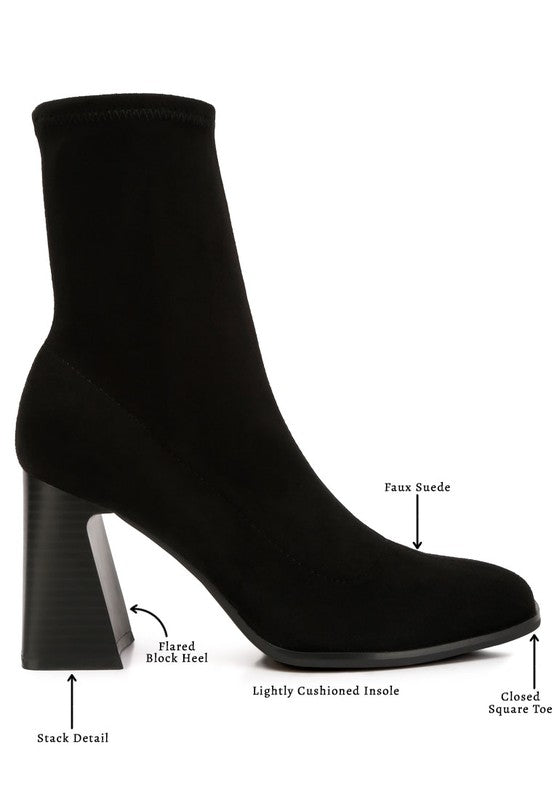 Rag Company high ankle flared block heel boots in black faux suede with a closed square toe design
