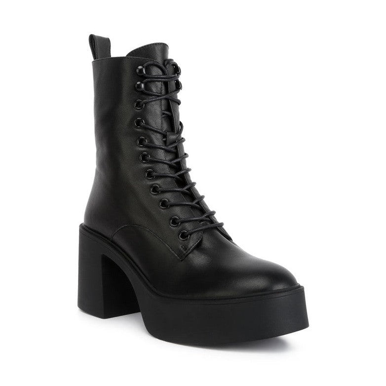 Rag Company high ankle platform boots in black leather with chunky heel and lace-up design