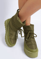 Rag Company high ankle winter boots in olive green with cushioned design for warmth and comfort