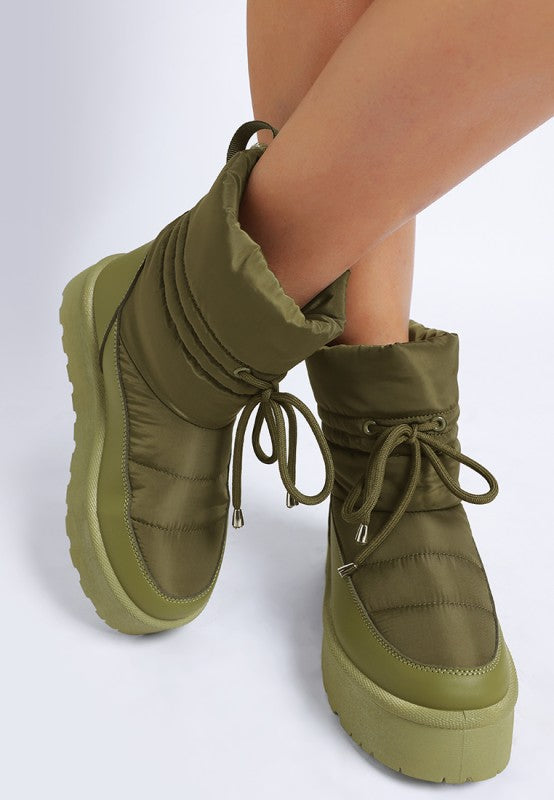 Rag Company high ankle winter boots in olive green with cushioned design for warmth and comfort