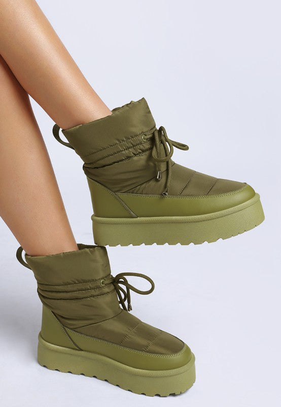 Rag Company high ankle winter boots in olive green with padded design and thick sole