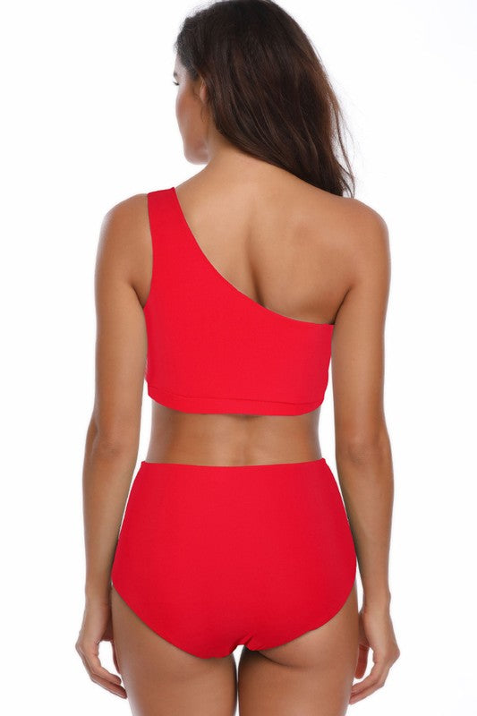 Women's red high cut bikini bottom, stylish swimwear for beach days