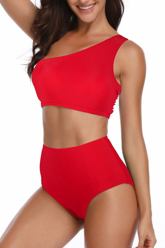 Women's red 2PC swimsuit with high cut bikini bottom for beach days